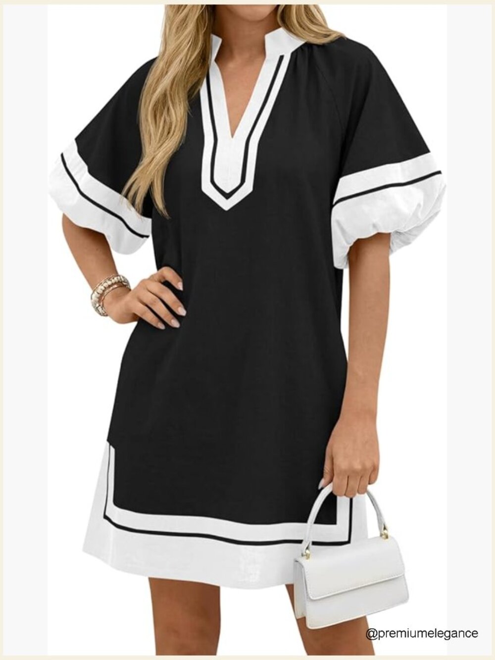 Color Block Puff Sleeve Mini Dress with Pockets